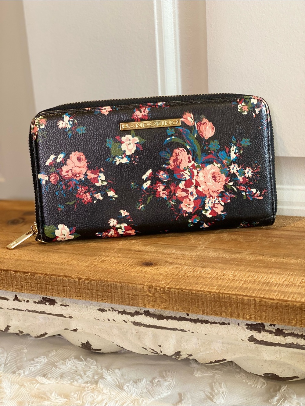 Bandolino Black Zip-Around Wallet with Pink Floral Print
